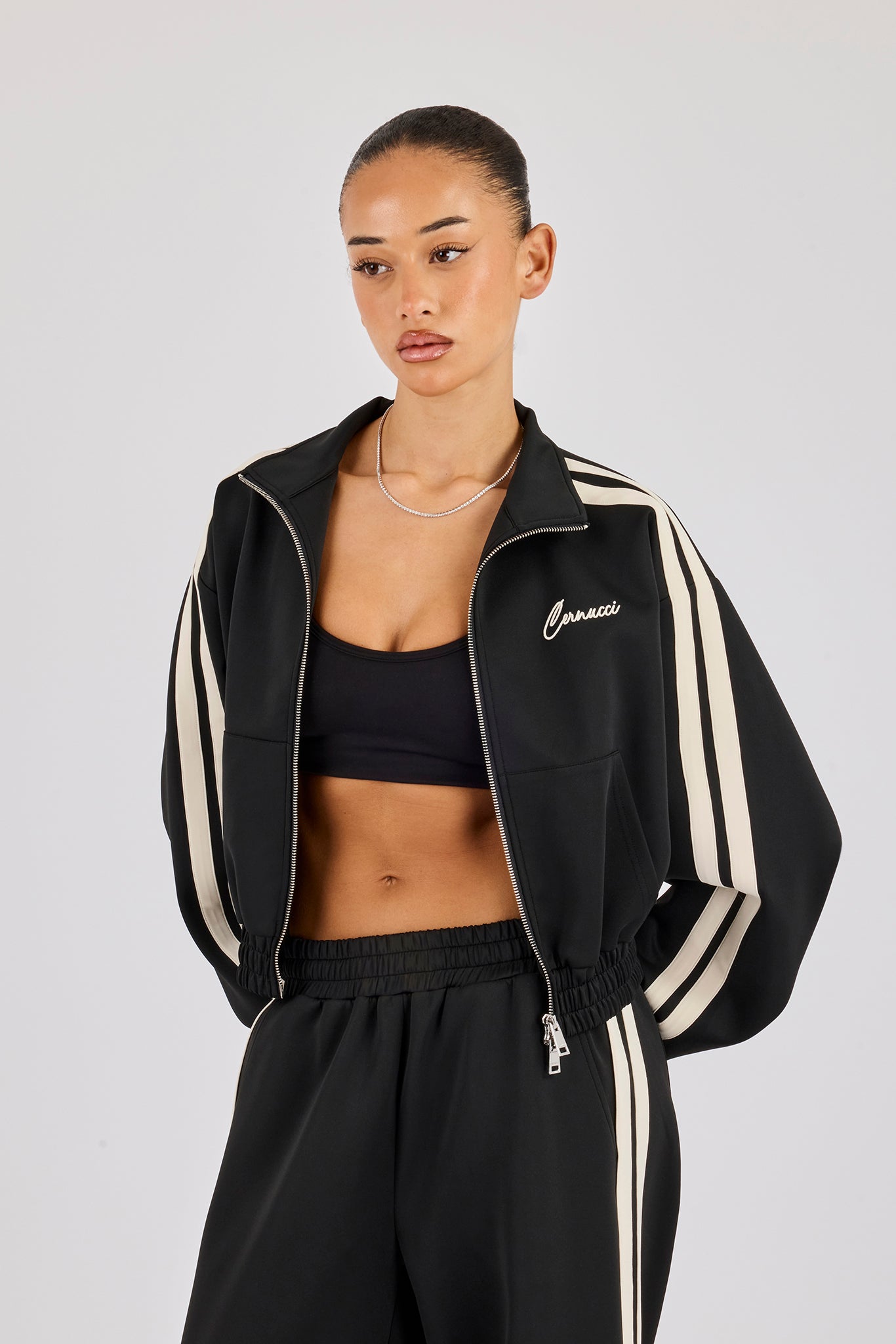 Taping Cropped Funnel Neck Jacket - Black
